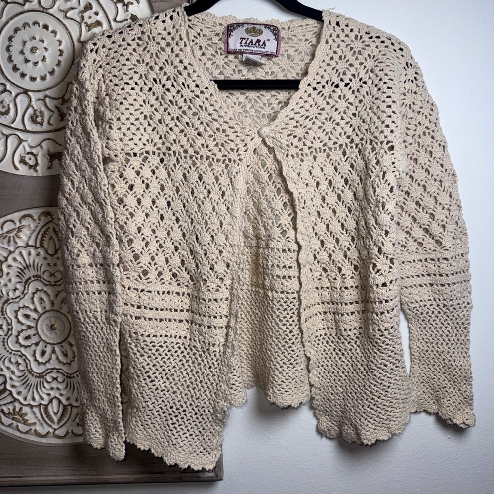 Tiara International Y2K Crochet Cardigan Size Large Cream Boho Open Knit Sweater - Picture 1 of 5